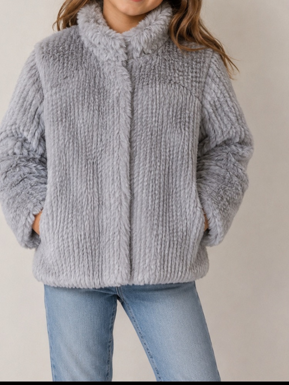 Mayoral Cozy Faux-Fur Teddy Jacket in Light Gray